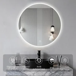 Miroir LED rond pour salle de bain de diamètre 60cm avec éclairage LED lumière froide SANILAND