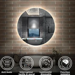 Miroir LED rond sans cadre de 80cm, dimmable + mémoire + antibuée, IP44, horizontal/vertical, 6000k blanc froid, AICA SANITAIRE