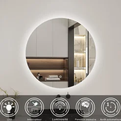 Miroir LED rond sans cadre de 70cm, dimmable + mémoire, IP44, horizontal/vertical, 6000k blanc froid, AICA SANITAIRE