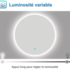 Miroir LED rond sans cadre de 70cm, dimmable + mémoire, IP44, horizontal/vertical, 6000k blanc froid, AICA SANITAIRE