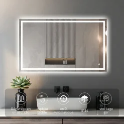 Miroir LED Réversible pour Salle de Bain 80x100 cm - Anti-Buée avec Interrupteur Tactile