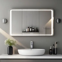Miroir LED Salle de bain 140x80cm avec horloge digitale et hauts parleurs Bluetooth SANILAND