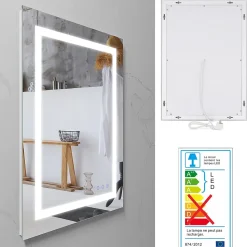 Miroir LED salle de bain OBLONG 60 x 80 cm réversible, anti-buée + éclairage et intensité réglables - Saniverre
