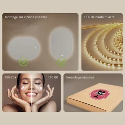 Miroir LED Salle de Bain - ARTFORMA - Ovale - 100x70cm - LED Dual + interrupteur tactile + anti-buée