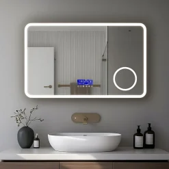Miroir LED spécial maquillage 80x60 avec zone grossissante X3 et horloge digitale pour salle de bain