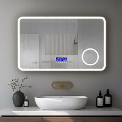 Miroir LED spécial maquillage 80x60 avec zone grossissante X3 et horloge digitale pour salle de bain