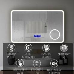 Miroir LED spécial maquillage 80x60 avec zone grossissante X3 et horloge digitale pour salle de bain