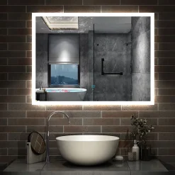 Miroir lumineux à LED, 60x50cm, dimmable, avec mémoire et anti-buée, IP44, horizontal/vertical, blanc froid, AICA SANITAIRE