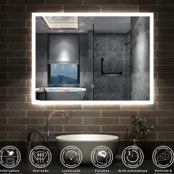 Miroir lumineux à LED, 60x50cm, dimmable, avec mémoire et anti-buée, IP44, horizontal/vertical, blanc froid, AICA SANITAIRE