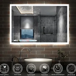 Miroir lumineux à LED, 90x70cm, dimmable, avec mémoire et anti-buée, IP44, horizontal/vertical, blanc froid, AICA SANITAIRE