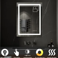 Miroir lumineux CIMEO 60 x 80 cm (ou 80x60) LED 2100 lms, antibuée + intensité & couleur réglables salle de bain - Saniverre