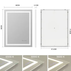 Miroir lumineux CIMEO 60 x 80 cm (ou 80x60) LED 2100 lms, antibuée + intensité & couleur réglables salle de bain - Saniverre