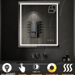 Miroir lumineux CIMEO 90 x 100 cm (ou 100x90) LED 2100 lms, antibuée + intensité & couleur réglables salle de bain - Saniverre