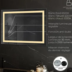 Miroir lumineux CIMEO 90 x 100 cm (ou 100x90) LED 2100 lms, antibuée + intensité & couleur réglables salle de bain - Saniverre