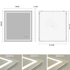 Miroir lumineux CIMEO 90 x 100 cm (ou 100x90) LED 2100 lms, antibuée + intensité & couleur réglables salle de bain - Saniverre