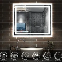 Miroir lumineux dimmable, 80x60cm, avec mémoire, salle de bain anti-buée, 6000k blanc froid, IP44, AICA SANITAIRE