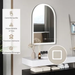 Miroir lumineux LED arqué de salle de bain 90 x 60 cm - tactile, réglable, anti-buée - alu noir