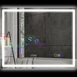 Miroir lumineux LED salle de bain 100x80cm bluetooth interrupteur tactile lumière réglable 3 couleurs fonction antibuée mémoire