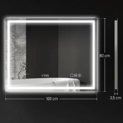 Miroir lumineux LED salle de bain 100x80cm bluetooth interrupteur tactile lumière réglable 3 couleurs fonction antibuée mémoire