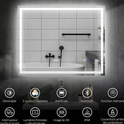 Miroir lumineux LED salle de bain 100x80cm bluetooth interrupteur tactile lumière réglable 3 couleurs fonction antibuée mémoire