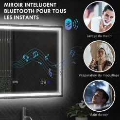 Miroir lumineux LED salle de bain 100x80cm bluetooth interrupteur tactile lumière réglable 3 couleurs fonction antibuée mémoire