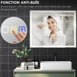 Miroir lumineux LED salle de bain 100x80cm bluetooth interrupteur tactile lumière réglable 3 couleurs fonction antibuée mémoire