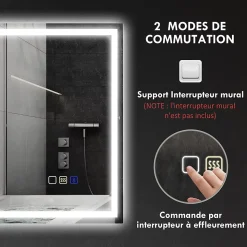 Miroir lumineux LED salle de bain 100x80cm bluetooth interrupteur tactile lumière réglable 3 couleurs fonction antibuée mémoire