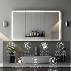 Miroir lumineux 100x60 pour salle de bain antibuée boutons tactiles lumière froide SANILAND