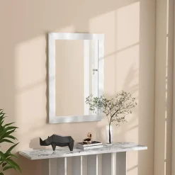 Miroir Mural 106 x 71,5 cm, Cadre en Bois d'Hévéa, Miroir de Courtoisie à Suspension, pour Salle de Bain, Salon, Entrée, Blanc