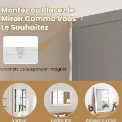 Miroir Mural 106 x 71,5 cm, Cadre en Bois d'Hévéa, Miroir de Courtoisie à Suspension, pour Salle de Bain, Salon, Entrée, Blanc