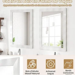 Miroir Mural 106 x 71,5 cm, Cadre en Bois d'Hévéa, Miroir de Courtoisie à Suspension, pour Salle de Bain, Salon, Entrée, Blanc