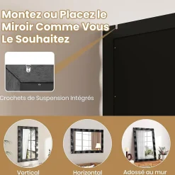 Miroir Mural 106 x 71,5 cm,Cadre en Bois d'Hévéa, Miroir de Courtoisie à Suspension, pour Salle de Bain, Salon, Entrée, Noir