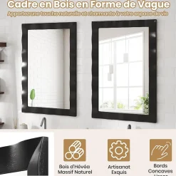 Miroir Mural 106 x 71,5 cm,Cadre en Bois d'Hévéa, Miroir de Courtoisie à Suspension, pour Salle de Bain, Salon, Entrée, Noir