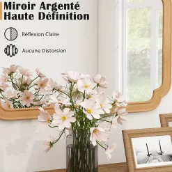Miroir Mural 90 x 60 CM,Coins Arrondis Style Rustique Haute Définition pour Salle de Bain,Salon,Entrée,Chambre,Suspension,Naturel