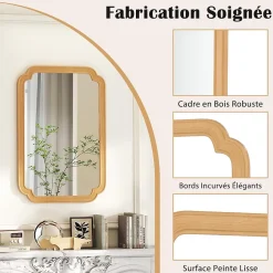 Miroir Mural 90 x 60 CM,Coins Arrondis Style Rustique Haute Définition pour Salle de Bain,Salon,Entrée,Chambre,Suspension,Naturel