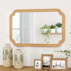 Miroir Mural 90 x 60 CM,Coins Arrondis Style Rustique Haute Définition pour Salle de Bain,Salon,Entrée,Chambre,Suspension,Naturel