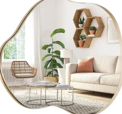 Miroir Mural Décoratif, Miroir en Forme Irrégulière avec Réflexion HD Claire, Cadre en Bois, Or,78 x 56,5cm