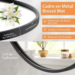 Miroir Mural de Salle de Bain Cadre en Métal Verre Argenté Film Antidéflagrant Miroir Rond de 61CM pour la Décoration
