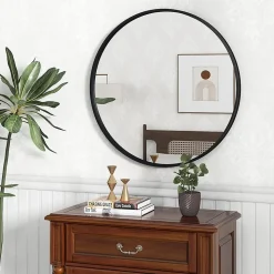 Miroir Mural de Salle de Bain Cadre en Métal Verre Argenté Film Antidéflagrant Miroir Rond de 61CM pour la Décoration