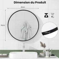 Miroir Mural de Salle de Bain Cadre en Métal Verre Argenté Film Antidéflagrant Miroir Rond de 61CM pour la Décoration