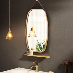Miroir Mural en Aluminium avec Cadre en Bambou,Grand Miroir avec Film Antideflagrant, Arrondie avec Cadre en Bambou,