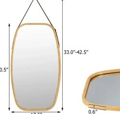 Miroir Mural en Aluminium avec Cadre en Bambou,Grand Miroir avec Film Antideflagrant, Arrondie avec Cadre en Bambou,