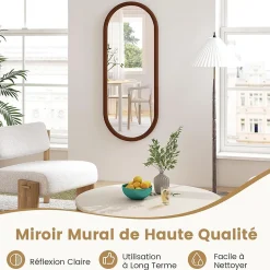 Miroir Mural Peu Encombrant,avec Cadre en Bois Massif,Miroir HD,4 Crochets de Fixation,pour Salon,Chambre, Balcon, Entrée, Noyer