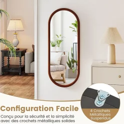 Miroir Mural Peu Encombrant,avec Cadre en Bois Massif,Miroir HD,4 Crochets de Fixation,pour Salon,Chambre, Balcon, Entrée, Noyer