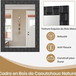 Miroir Mural Rectangulaire 80 x 60 Cm (L x l) avec Cadre en Bois d'Hévéa Naturel,Crochets Métalliques, pour Salle de Bain,Chambre