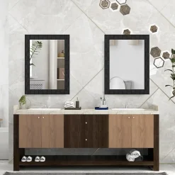 Miroir Mural Rectangulaire 80 x 60 Cm (L x l) avec Cadre en Bois d'Hévéa Naturel,Crochets Métalliques, pour Salle de Bain,Chambre