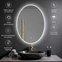 Miroir ovale LED 50x70 cm lumière dimmable 2700 6000 K, zone anti-buée et minuterie 60 min