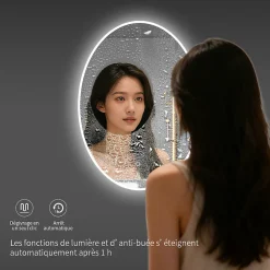 Miroir ovale LED 50x70 cm lumière dimmable 2700 6000 K, zone anti-buée et minuterie 60 min