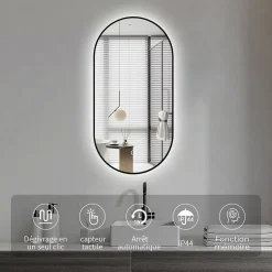 Miroir rectangle arrondi 50x100 cm lumière d'ambiance LED 2700 à 6000 K anti-buée cadre aluminium noir SANILAND
