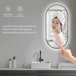 Miroir rectangle arrondi 50x100 cm lumière d'ambiance LED 2700 à 6000 K anti-buée cadre aluminium noir SANILAND